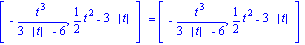 [-t^3/(3*abs(t)-6), 1/2*t^2-3*abs(t)] = [-t^3/(3*abs(t)-6), 1/2*t^2-3*abs(t)]