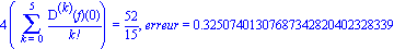 4*(Sum(`@@`(D, k)(f)(0)/factorial(k), k = 0 .. 5)) = 52/15, erreur = .32507401307687342820402328339