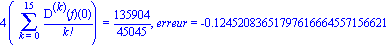 4*(Sum(`@@`(D, k)(f)(0)/factorial(k), k = 0 .. 15)) = 135904/45045, erreur = -.12452083651797616664557156621