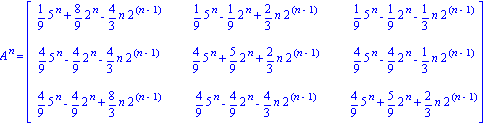 A^n = matrix([[1/9*5^n+8/9*2^n-4/3*n*2^(n-1), 1/9*5^n-1/9*2^n+2/3*n*2^(n-1), 1/9*5^n-1/9*2^n-1/3*n*2^(n-1)], [4/9*5^n-4/9*2^n-4/3*n*2^(n-1), 4/9*5^n+5/9*2^n+2/3*n*2^(n-1), 4/9*5^n-4/9*2^n-1/3*n*2^(n-1...