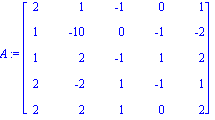 A := matrix([[2, 1, -1, 0, 1], [1, -10, 0, -1, -2], [1, 2, -1, 1, 2], [2, -2, 1, -1, 1], [2, 2, 1, 0, 2]])