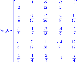 inv_A := matrix([[1/2, 1/4, (-5)/12, (-2)/3, 3/4], [1/6, (-1)/12, (-7)/36, (-1)/9, 1/12], [(-1)/3, 1/6, (-5)/18, (-4)/9, 5/6], [(-1)/6, 7/12, 1/36, (-14)/9, 17/12], [(-1)/2, (-1)/4, 3/4, 1, (-3)/4]])