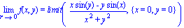 Limit(f(x, y), r = 0) = limit((x*sin(y)-y*sin(x))/(x^2+y^2), {x = 0, y = 0})