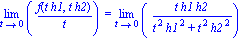 Limit(f(t*h1, t*h2)/t, t = 0) = limit(t*h1*h2/(t^2*h1^2+t^2*h2^2), t = 0)
